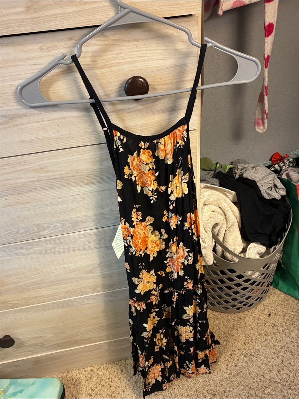 Black Floral Midi Dress with Orange Rose Print